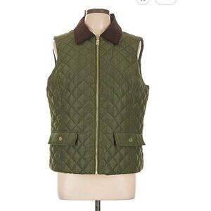 Jones New York Equestrian Preppy Olive Green Quilted Vest Women Size M